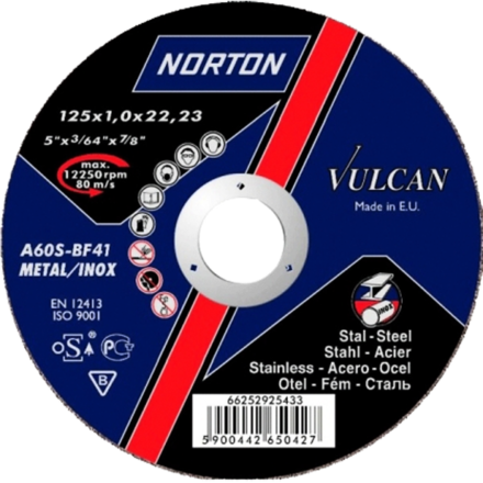 

NORTON 66252925433 Круг отрезной Vulcan 125 x 1,0 x 22,23 A 60 S-BF41 мет/нерж