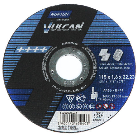 

NORTON 66252925434 Круг отрезной Vulcan 125 x 1,6 x 22,23 A 46 S-BF41 мет/нерж