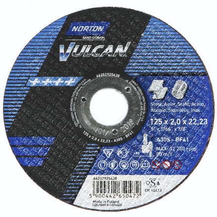 

NORTON 66252925438 Круг отрезной Vulcan 125 x 2,0 x 22,23 A 30 S-BF41 мет/нерж
