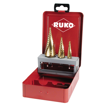 RUKO RK-101026T Набор ступенчатых сверл 4-12, 4-20, 4-30 мм, HSS TiN, 118°, со спиральными канавками, в металлическом кейсе