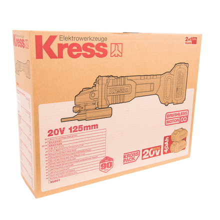 KRESS KU801 Угловая шлифмашина аккумуляторная BL 125 мм 20V 2 х 4 Ач кейс
