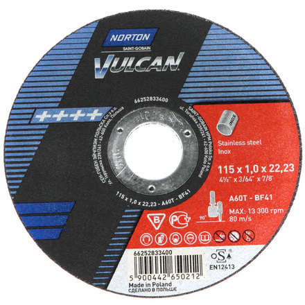 

NORTON 66252833400 Круг отрезной Vulcan 115 x 1,0 x 22,23 A 60 S-BF41 INOX