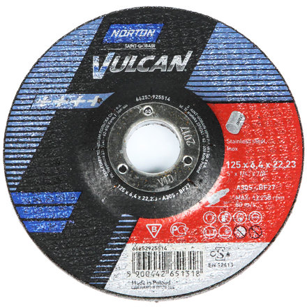 

NORTON 66252925514 Круг зачистной Vulcan 125 x 6,4 x 22,23 A 30 S-BF27 нерж