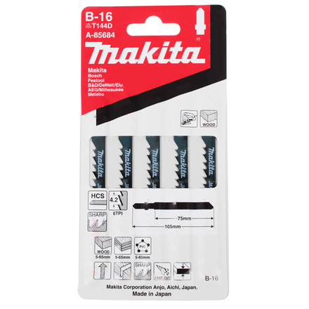 

MAKITA A-85684 Пилки Makita для электролобзика B16, 80 мм (дерево, пластик) 5 шт