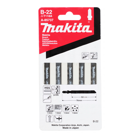 

MAKITA A-85737 Пилки Makita для электролобзика B22, 52 мм (нерж. сталь, аллюм.) 5 шт