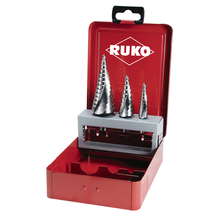 RUKO RK-101026E Набор ступенчатых сверл 4-12, 4-20, 4-30 мм, HSSE-Co5, 118°, со спиральными канавками, в металлическом кейсе
