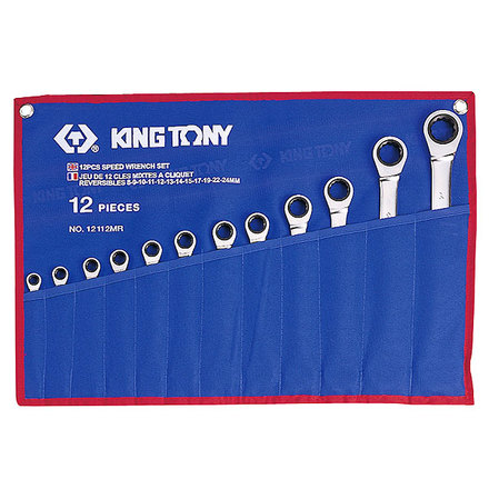 KING TONY 12112MRN Набор комбинированных трещоточных ключей, 8-24 мм, чехол из теторона, 12 предметов