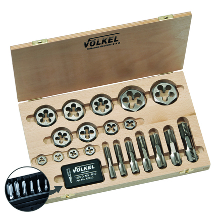 

VOLKEL VO-48646 Набор метчиков комбинированных и шестигранных плашек Mf4-Mf24, мелкий шаг, 30 предметов, деревянный