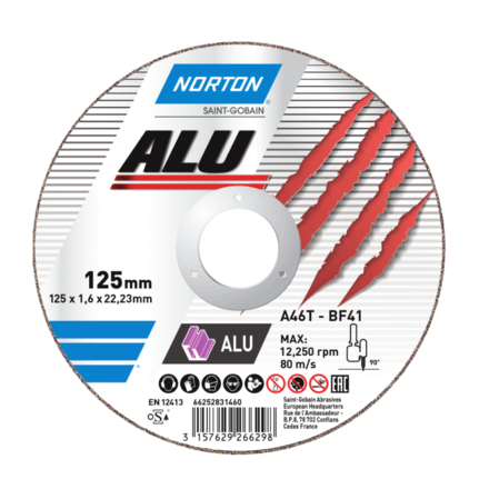 

NORTON 66252828234 Круг отрезной по алюминию A46Q-125x1.6x22.23-T41 NOR-Alu, 66252828234